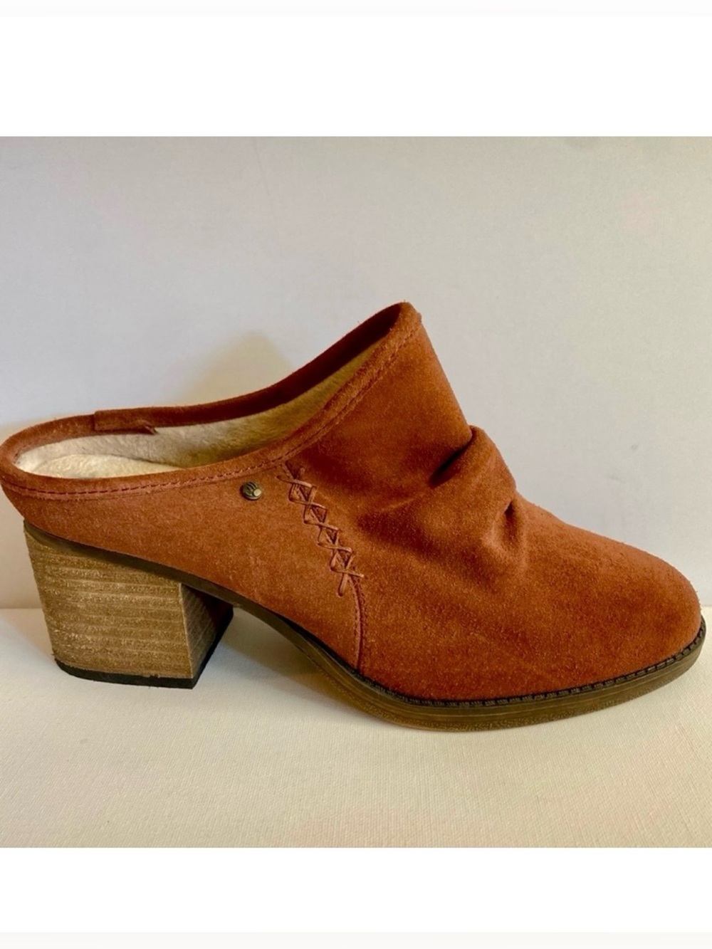 Bearpaw-Brown suede mule clog with wool footbed and stacked heel.Size 10